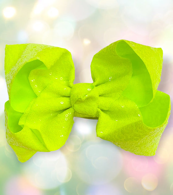 KEY LIME/NEON GREEN 7.5" WIDE BLACK SEQUINS HAIR BOWS. 5PCS/$10.00   BW-544-SQ