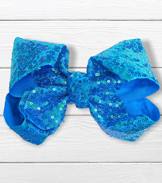 TURQUOISE SEQUINS HAIR BOWS 7.5”wide 5pcs/$10.00 BW-340-SQ