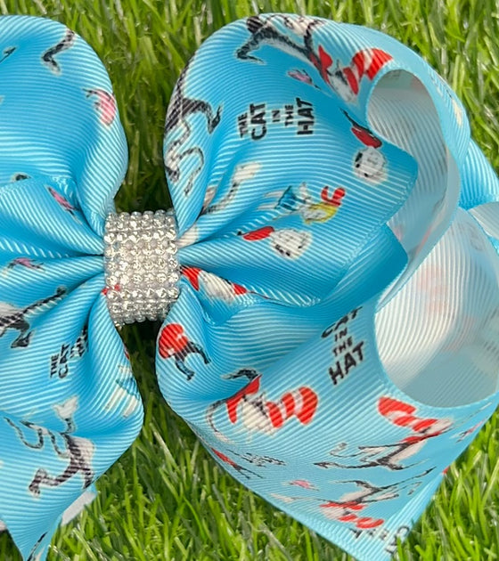 CHARACTER PRINTED ON TURQUOISE DOUBLE LAYER HAIR BOWS W/ RHINESTONE. BW-DSG-793