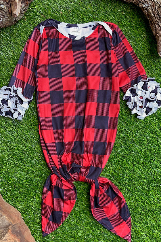 PLAID & COW PRINTED BABY GOWN WITH COW SPOT PRINTED RUFFLE SLEEVE. PJG501522006-ONE  SIZE