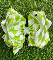  LIME GREEN CHECKER PRINTED DOUBLE LAYER HAIR BOWS W/ RHINESTONE. 4PCS/$10.00 BW-DSG-796