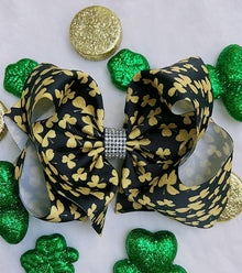  GOLDEN TREVOL PRINTED DOUBLE LAYER HAIR BOWS W/ RHINESTONE.  4PCS/$10.00BW-DSG-100