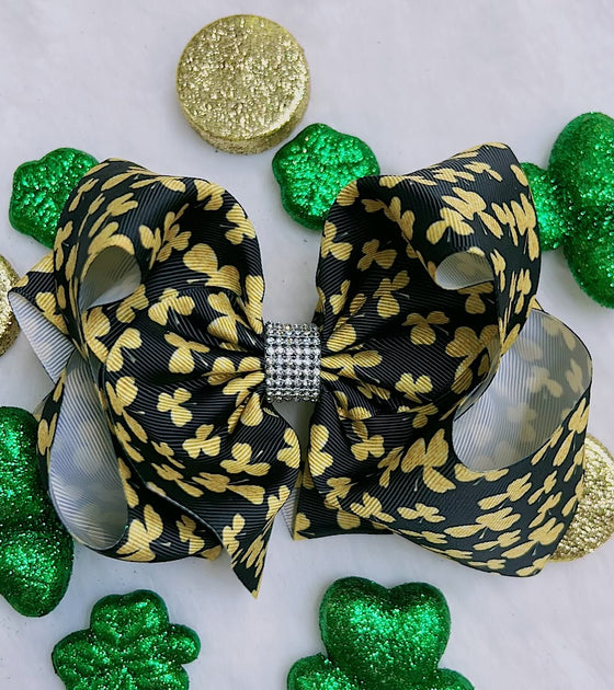 GOLDEN TREVOL PRINTED DOUBLE LAYER HAIR BOWS W/ RHINESTONE.  4PCS/$10.00BW-DSG-100