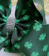 TREVOL PRINTED ON GREEN DOUBLE LAYER HAIR BOWS W/ RHINESTONE.4PCS/$10.00 BW-DSG-102