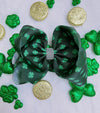 TREVOL PRINTED ON GREEN DOUBLE LAYER HAIR BOWS W/ RHINESTONE.4PCS/$10.00 BW-DSG-102