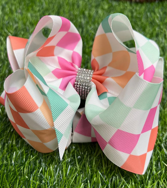 MULTI-COLOR CHECKER PRINTED DOUBLE LAYER HAIR BOWS W/ RHINESTONE. 4PCS/$10.00 BW-DSG-103