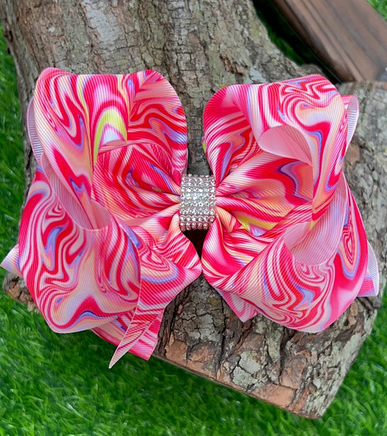 MARBLED PINK PRINTED DOUBLE LAYER HAIR BOWS. 4PCS/$10.00 BW-DSG-809