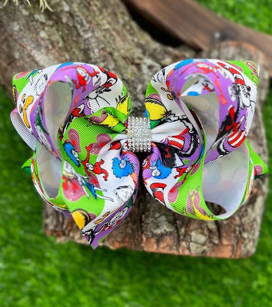 PURPLE,WHITE,GREEN CHARACTER PRINTED DOUBLE LAYER HAIR BOWS. 4PCS/$10.00 BW-DSG-822