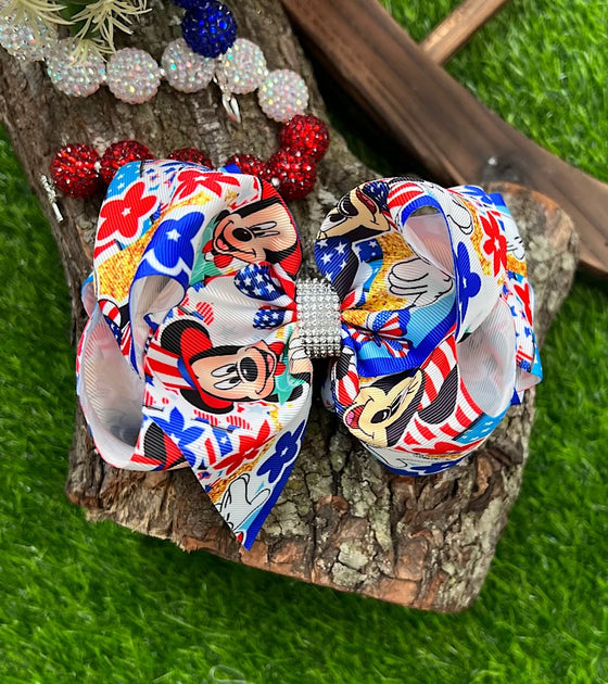 FLORAL & CHARACTER /PATRIOTIC PRINTED DOUBLE LAYER HAIR BOWS. 4PCS/$10.00 BW-DSG-828