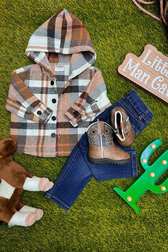 FROM BABY TO BIG KID, BROWN TONE/ PLAID HOODIE SHIRT. TPG651122260-SOL