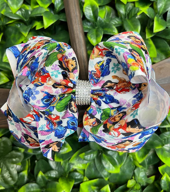 LILO CHARACTER MULTI- PRINTED DOUBLE LAYER HAIR BOWS. 7.5" WIDE 4PCS/$10.00 BW-DSG-762