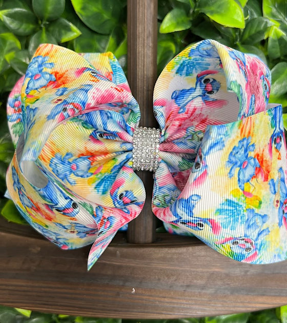 CHARACTER & TIE DYE PRINTED DOUBLE LAYER HAIR BOWS. 7.5" WIDE 4PCS/$10.00 BW-DSG-761