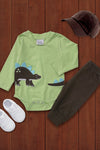 Dinosaur application baby onesie w/cozy pants.  LC-RP-20219956 AMY