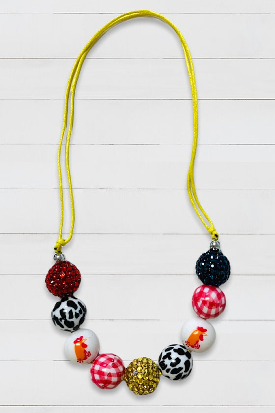 HEN PRINTED ON WHITE & MULTI COLOR BUBBLE NECKLACE WITH ADJUSTABLE STRING. 3PCS/$10.00  XL-02061